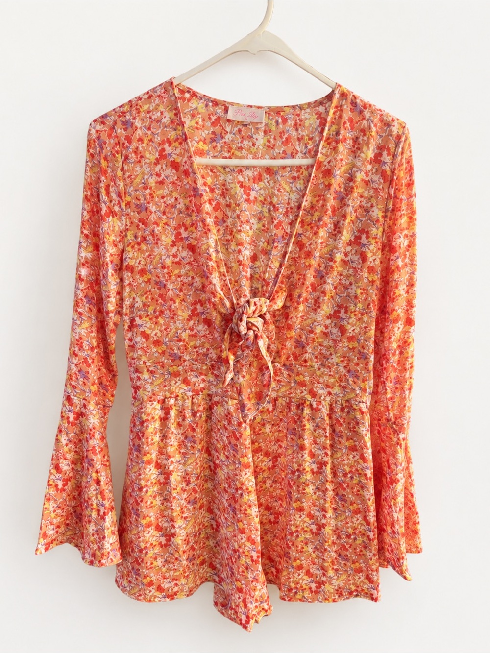 Pink Lily Floral Bell Sleeve Romper Tie Front Boho Festival Size M